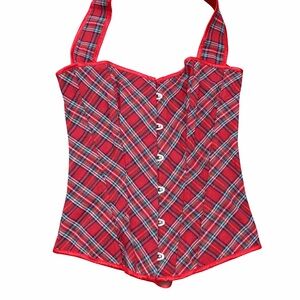 Red Plaid Lace Up Corset Top • Y2K Indie Grunge • Size Medium